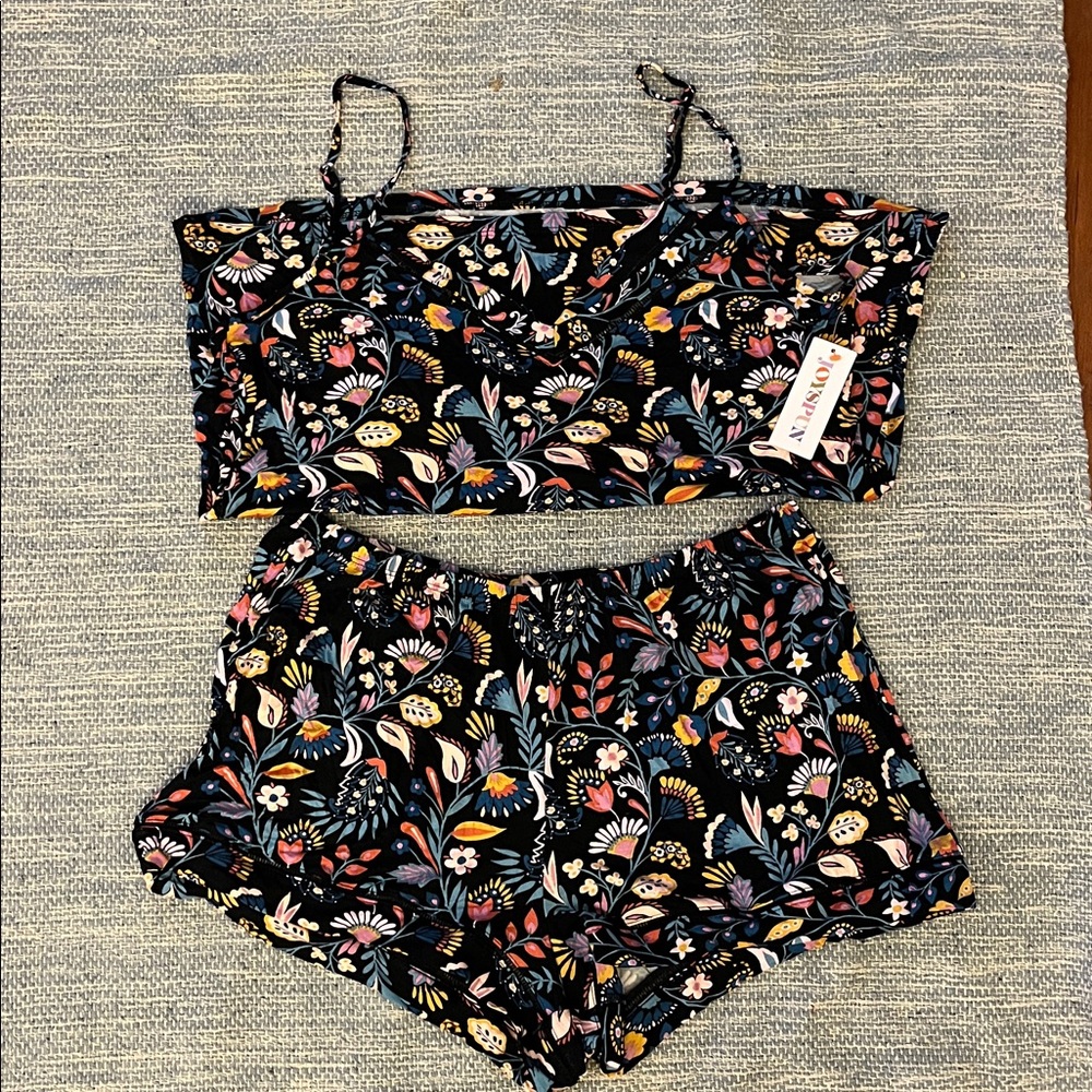 Black Floral Print Women's Sleepwear Pajama Set Medium